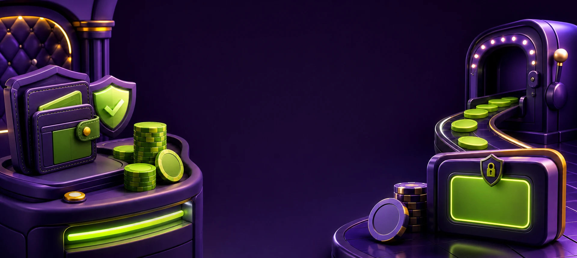 Purple and lime casino cashier with secure wallet and payout track